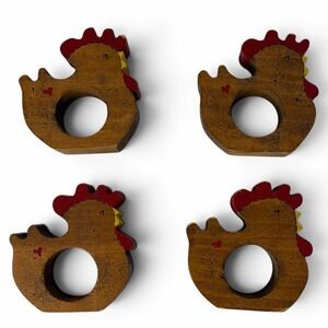Set of 4 Wooden Chicken Napkin Rings Hand Painted Country Farmhouse Decor Vtg